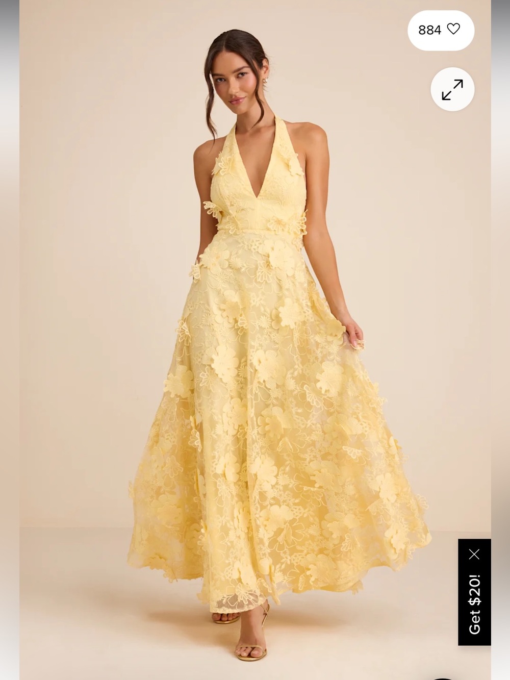 lulus kennia light yellow 3D embroidered maxi dress